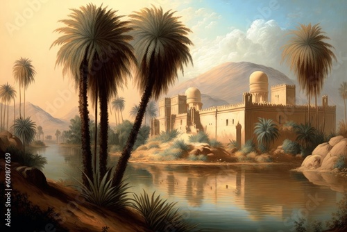 landscape painting of palms and trees on the banks of the Nile in ancient Egypt with temples, Generative ai