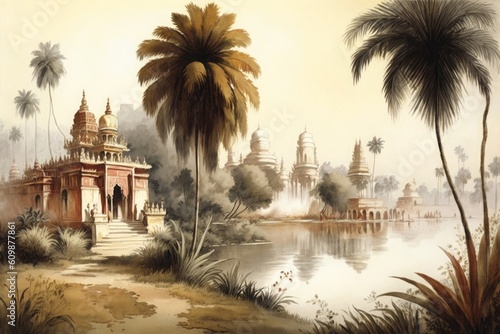 landscape painting of palm trees and river banks of India with ancient temples, Generative ai