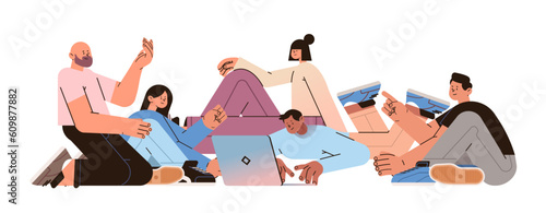 men women discussing during meeting mix race people using laptop social media communication digital adiction