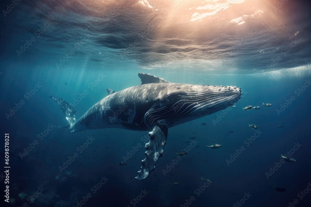 Obraz premium Humpback Whale Plays Near the Surface in Blue Water. Humpback whale in pacific sea. Generative ai