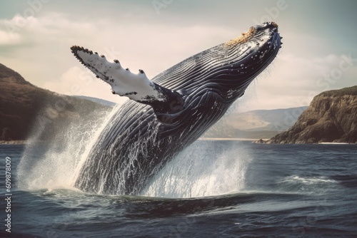 Humpback whale jumping out of the water. The whale is spraying water and ready to fall on its back. Humpback whale in pacific sea. Generative ai © tong2530