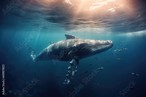 Humpback Whale Plays Near the Surface in Blue Water. Humpback whale in pacific sea. Generative ai © tong2530