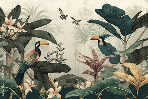 wallpaper palm tropical forest vintage jungle pattern with birds, Generative ai