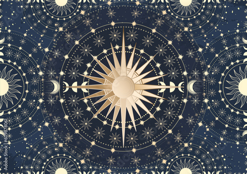 Hand drawn card of golden Sun, Moon, star. Magic celestial night space. Bohemian circle talisman collection, antique style, boho symbol, tarot emblem. Mystical galaxy space, vector sketch illustration