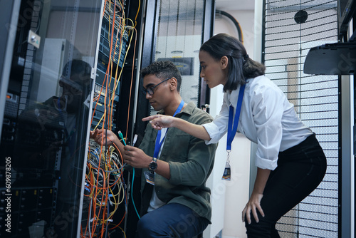 фотографія IT people, engineer or server room cable for programming or connection maintenance