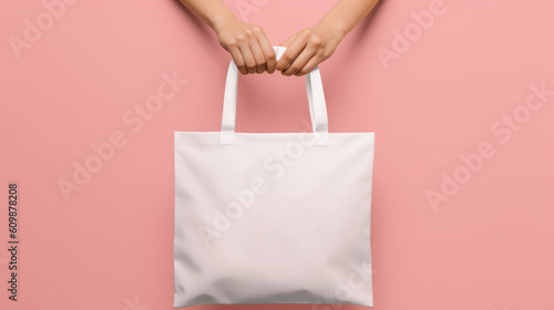 Group Female hand with eco bag on table against color background Generative ai