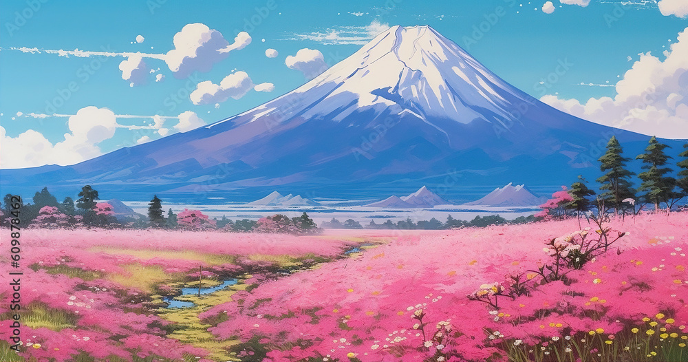 pink_flowers_in_a_field_with_mt_fuji_in_the_background, Generative AI