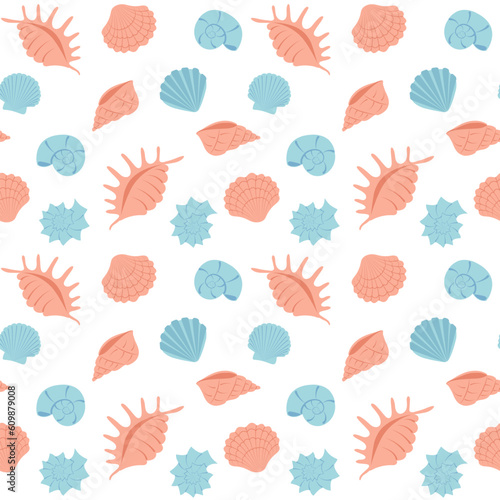 Seamless pattern of pink and blue seashells. Colorful sea shells. Summer hand drawn background