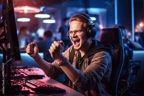 happy male player wearing headphones at table with a computer is happy to win in esports competitions. Generative AI