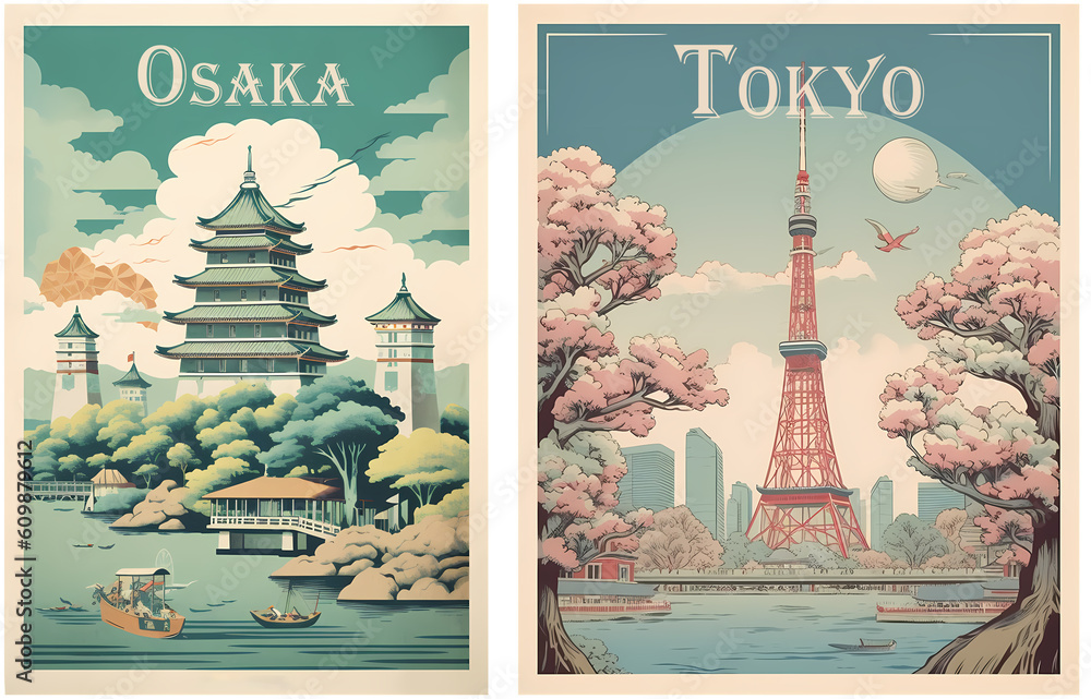 Naklejka premium Travel Poster of Japan-Tokyo-Osaka. Generated AI