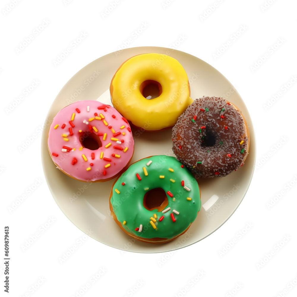 Top view of donuts on plate, isolated for object and retouch design on transparent background. Generative AI.