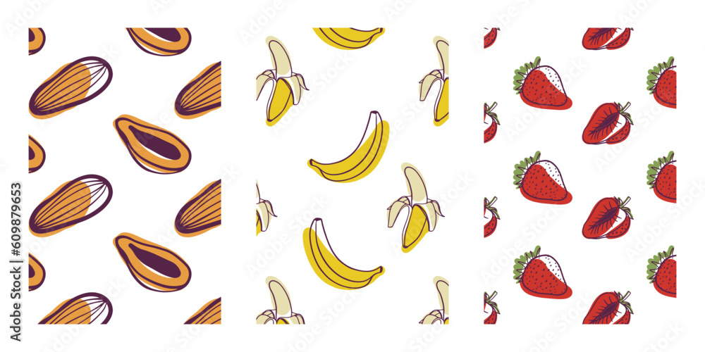 Seamless pattern fruit, banana, strawberry, papaya, set of patterns Seamless pattern fruit, banana, strawberry, papaya, set of patterns