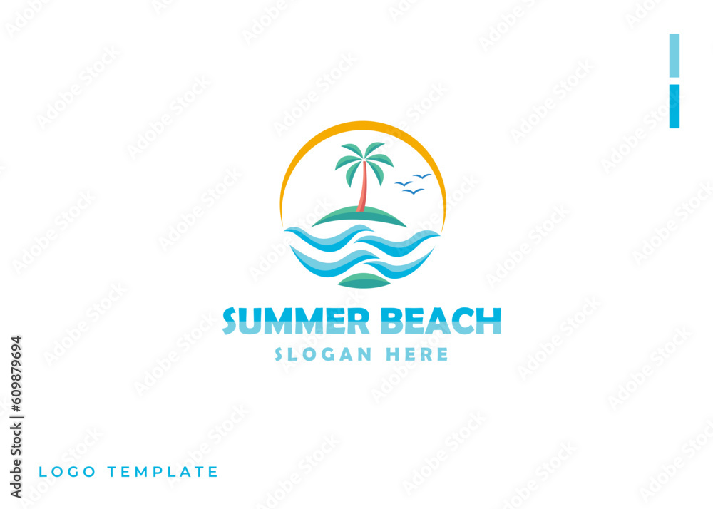 Summer vacation logo abstract sign in flat shape. Tropical vacation. Palm trees, ocean waves, beach, coast, hills, sun. Graphic design element. Summer vacation logo abstract sign in flat shape. Tropical vacation. Palm trees, ocean waves, beach, coast, hills, sun. Graphic design element.