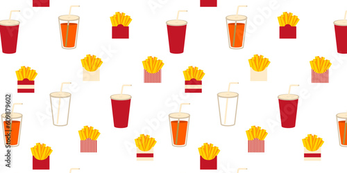 Seamless pattern fast food, french fries, glasses with a straw, flat vector illustration