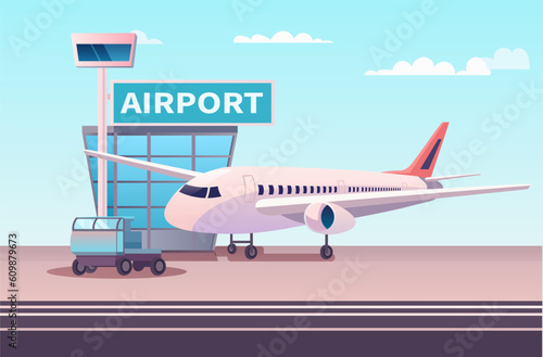 Airport terminal with aircraft flying plane taking off summer vacation concept horizontal