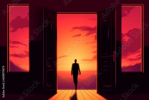 Business person walking through a doorway to the unknown