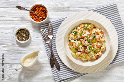 chicken salad with celery, mushrooms in bowl