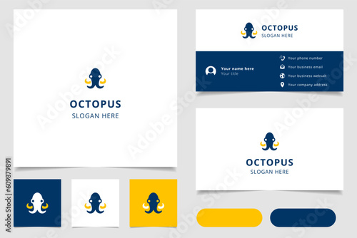 Octopus logo design with editable slogan. Branding book and business card template.