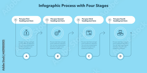 Horizontal process infographic template with four options - blue version. Flat presentation diagram with thin lines and minimalistic icons.