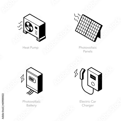 Simple set of renewable energy Icons. Contains such icons as Heat pump, Photovoltaic panels, Photovoltaic battery and Electric car charger.