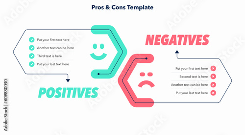 Pros and cons diagram with place for your content. Simple flat template for data visualization.