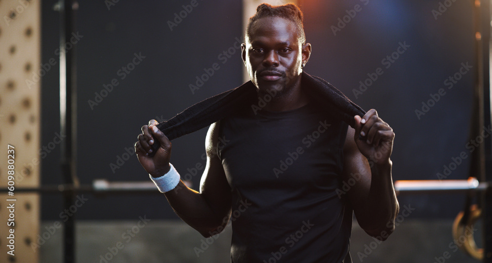 Serious, bodybuilder and portrait of black man in gym for training ...