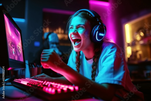 happy girl an esports gamer player behind the monitor is happy to win an cybersports game competition. Generative AI