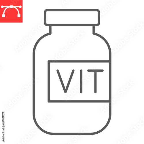Vitamin bottle line icon, supplements and health, pills bottle vector icon, vector graphics, editable stroke outline sign, eps 10.