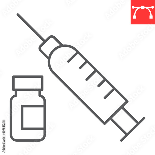 Vitamin injection line icon, supplements and health, syringe and vial vector icon, vector graphics, editable stroke outline sign, eps 10.