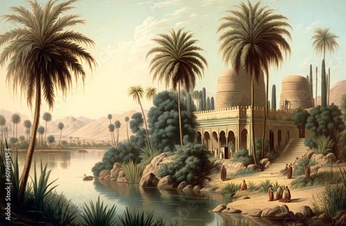 landscape painting of palms and trees on the banks of the Nile in ancient Egypt with temples, Generative ai © MG