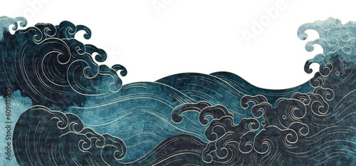 Blue texture with Japanese ocean wave pattern in vintage style. Abstract art landscape banner design with watercolor texture vector.