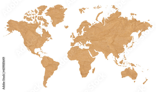 illustration of World map on old brown crumpled grunge paper