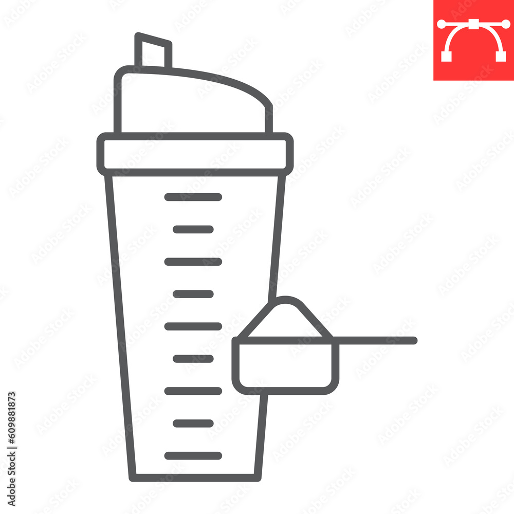 Protein shaker line icon, supplements and health, bottle with a scoop of whey vector icon, vector graphics, editable stroke outline sign, eps 10. Protein shaker line icon, supplements and health, bottle with a scoop of whey vector icon, vector graphics, editable stroke outline sign, eps 10.