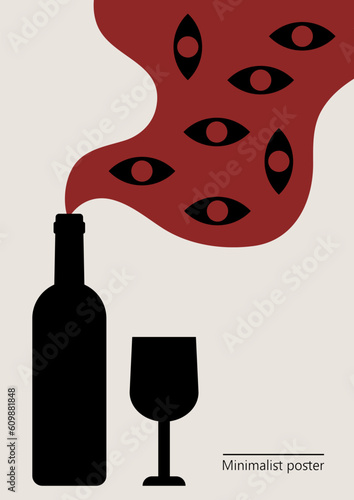 Vector illustration with a bottle of wine and a glass. Artwork, minimalist poster design in red and black colors. abstract wall art.