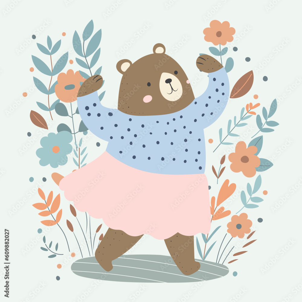 Naklejka premium bear dancing character on flower background,isolated vector