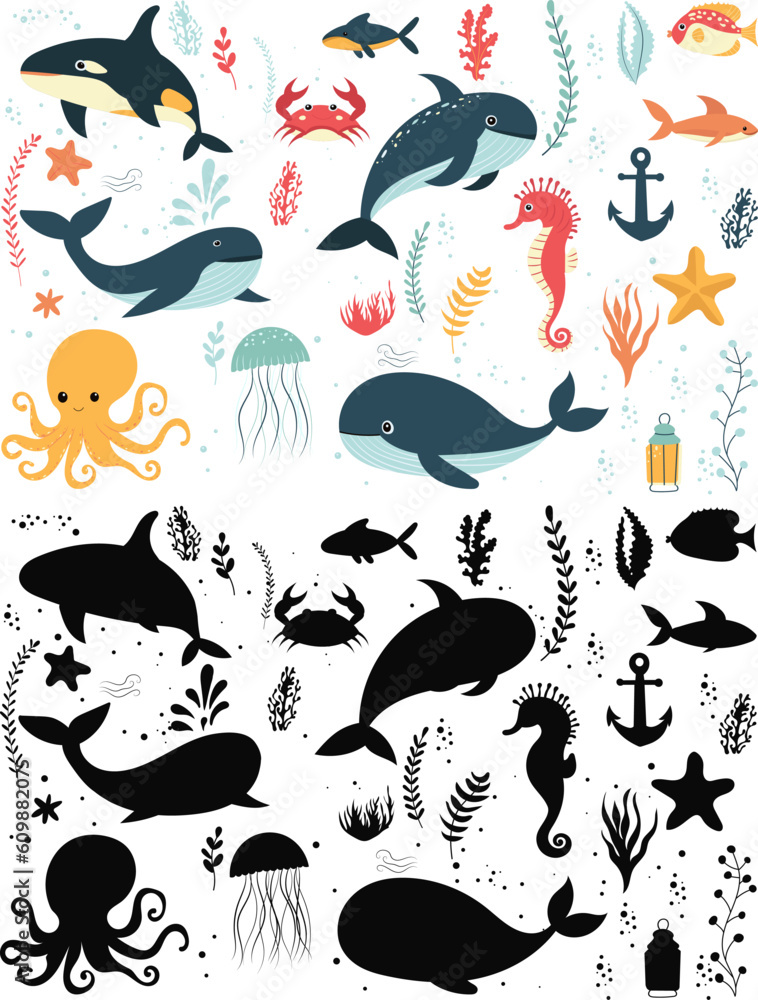 Fototapeta premium set of sea animals, inhabitants, whale, fish, dolphin, isolated vector