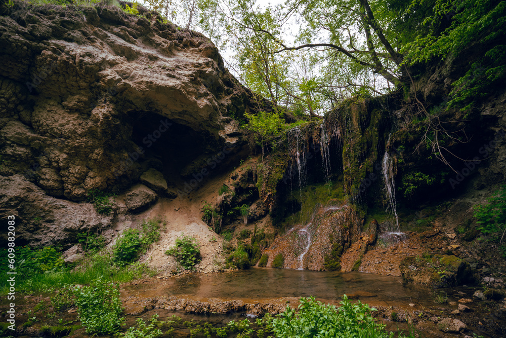 Burta Gural waterfall on the Sudenytsya River, Derzhanivka Khmelnytskyi Oblast. Summer day, beautiful nature of Ukraine. interesting place.