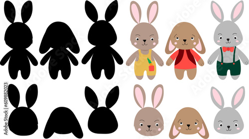 set of cartoon bunnies in doodle style on white background, vector