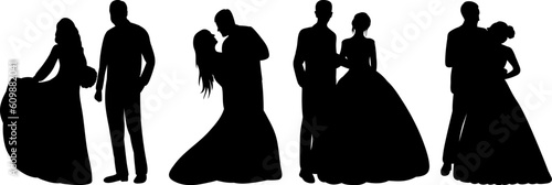 set of bride and groom silhouette on white background, vector