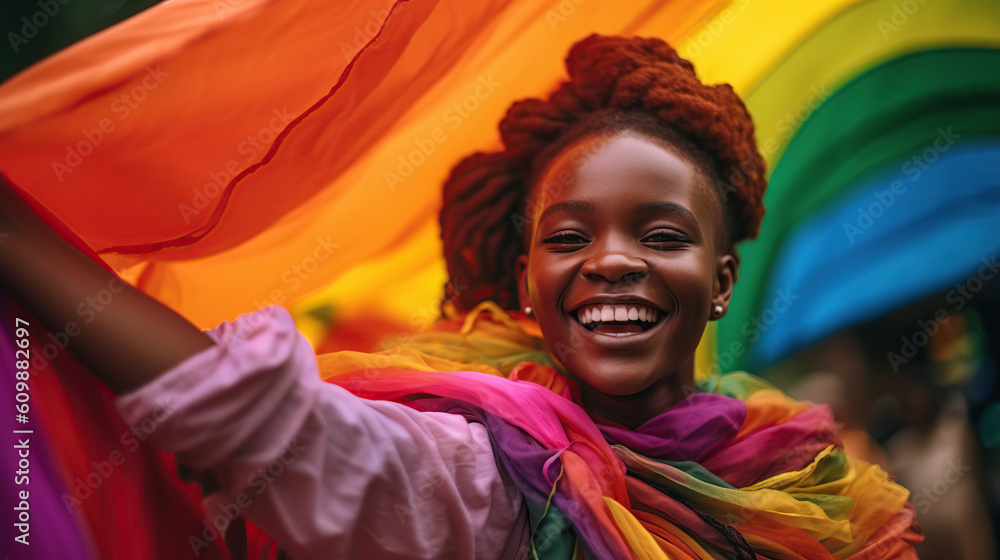 Portrait of young african american woman with rainbow flag