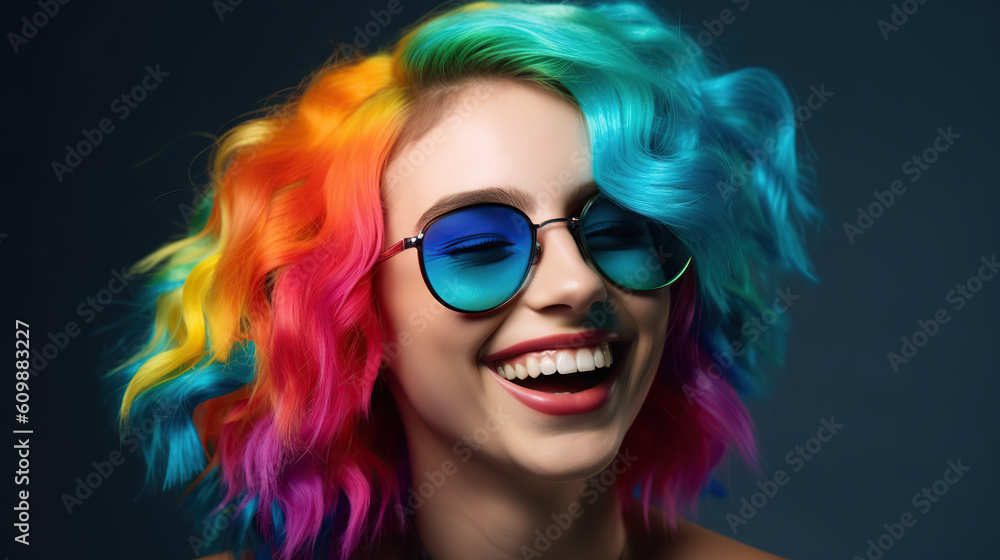 Portrait of young smiling woman with rainbow hair