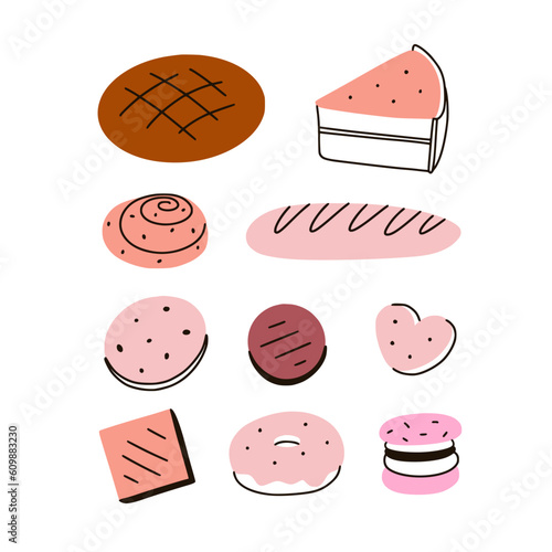 Bread vector clipart. Cute bakery illustrations. Donut, macaroon, cookie, cake pastry clipart