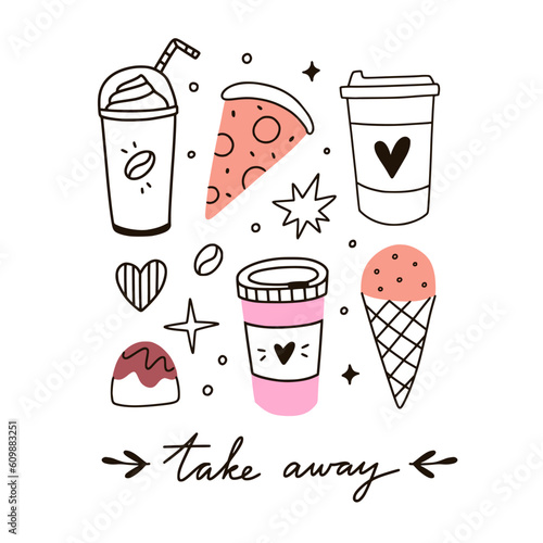 Take away food illustrations. Hand drawn food clipart: coffee cup, ice cream, pizza