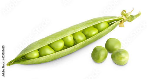 Fresh green pea open pod with seeds isolated