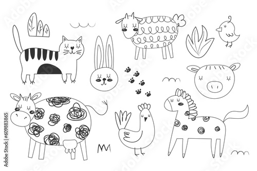farm animals continuous line silhouettes isolated on white. Livestock and poultry icons for farms, groceries, butchery, dairy products packaging and branding. Vector illustration EPS