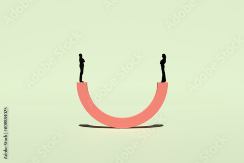 Gender equality and balance. Male and female silhouettes on a seesaw. Abstract 3D render art. photo