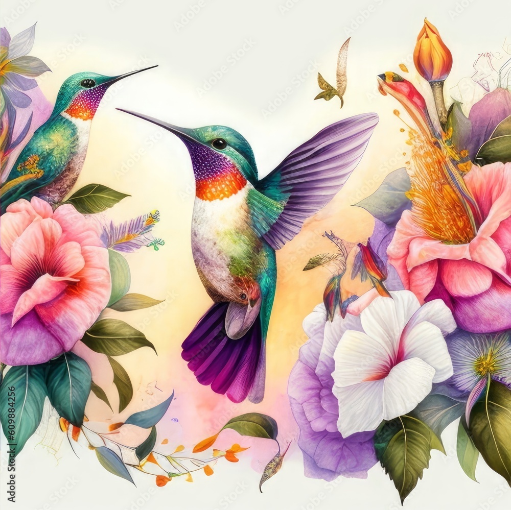 Watercolor painting pattern of a hummingbird with flowers and roses, illustration, Generative ai