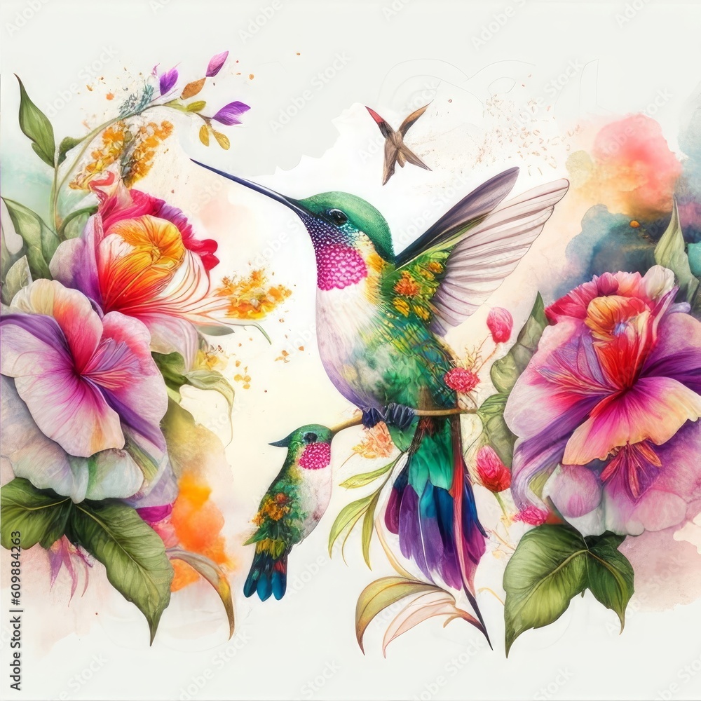 Watercolor painting pattern of a hummingbird with flowers and roses, illustration, Generative ai Watercolor painting pattern of a hummingbird with flowers and roses, illustration, Generative ai