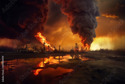 Depicting the environmental consequences of burning oil wells, with dark clouds of pollution and toxic smoke, highlighting the ecological impact. Generative Ai