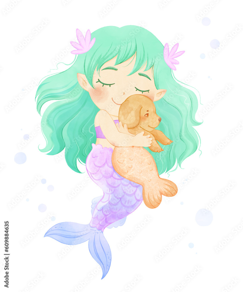 Cute little Mermaid girl hugging mermaid dog. Magic mermaid illustration isolated on white background. Sea theme Watercolor characters. Cute little Mermaid girl hugging mermaid dog. Magic mermaid illustration isolated on white background. Sea theme Watercolor characters.